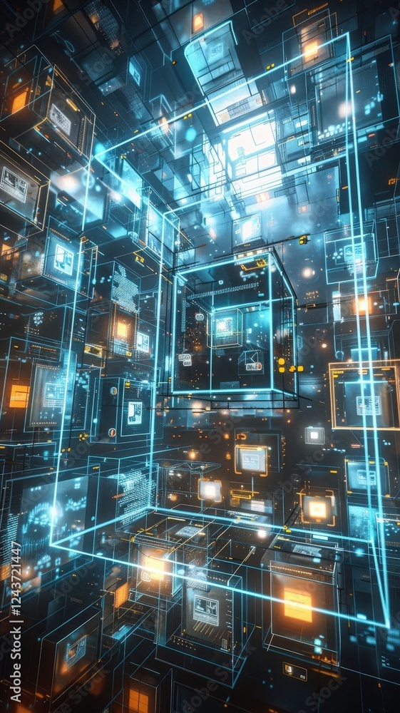Poster a futuristic digital landscape filled with glowing, interconnected cubes, creating a sense of depth 