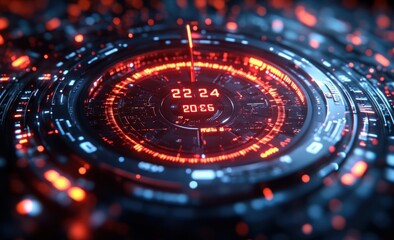 Futuristic Speedometer Transitioning to 2025 with Bold Red Pointers and Metallic Textures