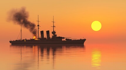 Obraz premium Fiery Dawn Over Naval Ship with Reflections in Water