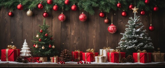 Festive Christmas background with decorated trees, gifts, and ornaments on a wooden surface, creating a warm holiday atmosphere.