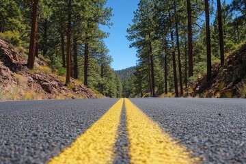 A deserted road flanked on both sides by pine forests under a blue sky.
