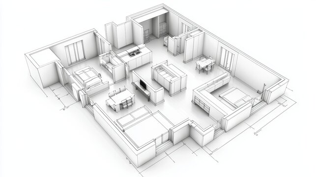 Striking 3d architectural rendering of a modern house design with detailed blueprint visualization