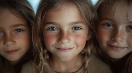 Fototapeta premium Three young girls with freckles smiling at the camera, showcasing their joyful expressions.