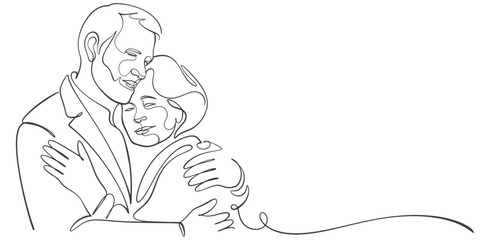 Elderly couple in continuous line art drawing style. Vector illustration