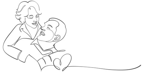 Elderly couple in continuous line art drawing style. Vector illustration