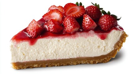 A creamy slice of New York cheesecake topped with fresh strawberries