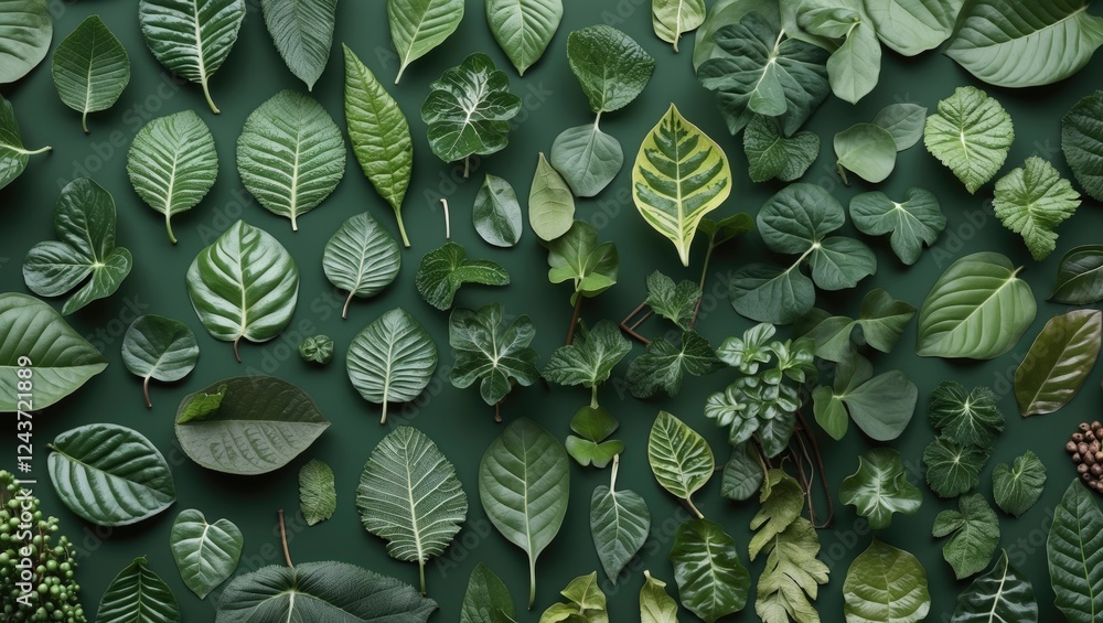 Poster diverse collection of green leaves featuring various shapes and textures on a dark green background 