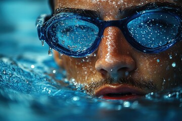 Fototapeta premium Athletic Male Swimmer in Motion Crawling Freestyle in Outdoor Pool with Red Cap and Goggles