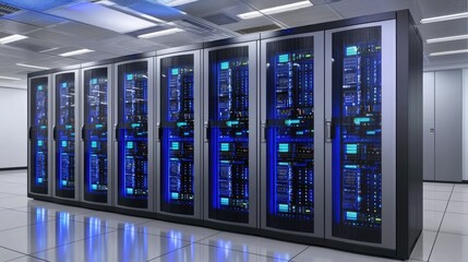 High-tech server room with vibrant blue-lit racks, designed for illustrating advanced data storage, network infrastructure, and efficient cloud solutions