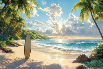 Surfboard Palm Trees Beach Summer Water Sport Tropical Vacation Relaxation Adventure Coast Seascape Paradise
