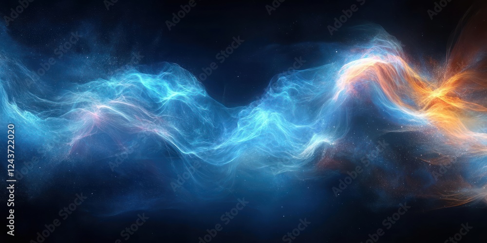 Poster dynamic flowing abstract light lines in blue and green on black background for technology and ai con