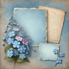 Watercolor spring blue forget me not flowers on vintage background with torn papers, Ephemera spring