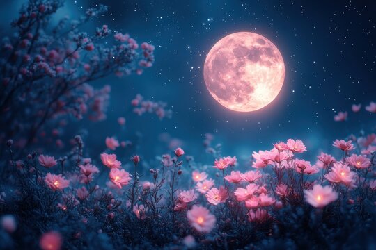 Dreamy moonlit garden with pink and white flowers under starry sky and bright full moon