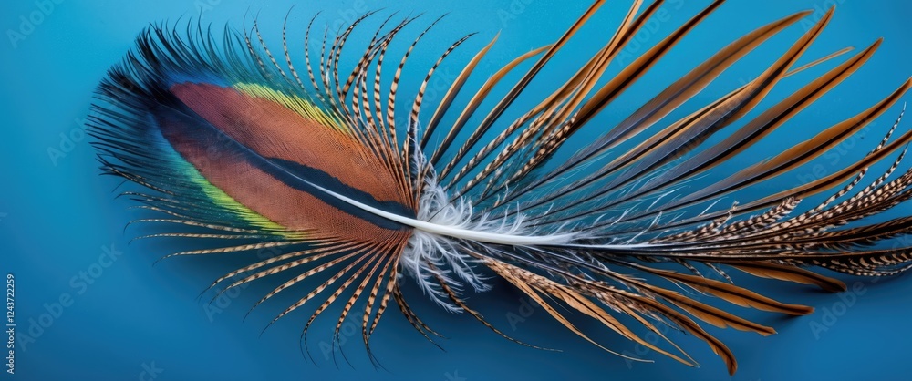 Poster vibrant pheasant feather detail on a bright cyan backdrop showcasing intricate patterns and colors f