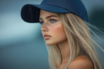 A young woman wearing a navy cap, with long blonde hair and a serene expression, against a blurred background.