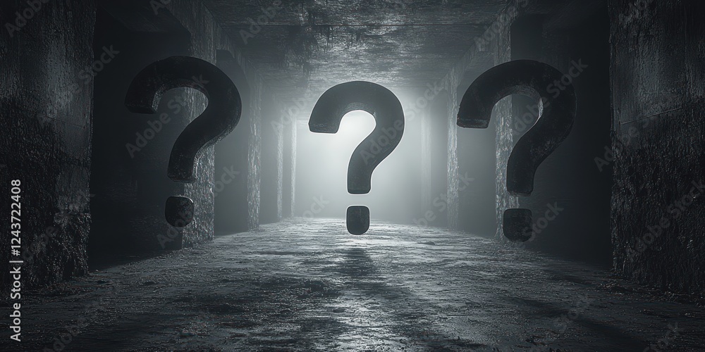 Poster surrealistic floating black question marks in dark space with diffused lighting