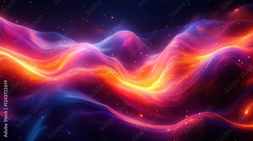 Poster vibrant wave patterns in neon glow with fluid motion and high contrast background