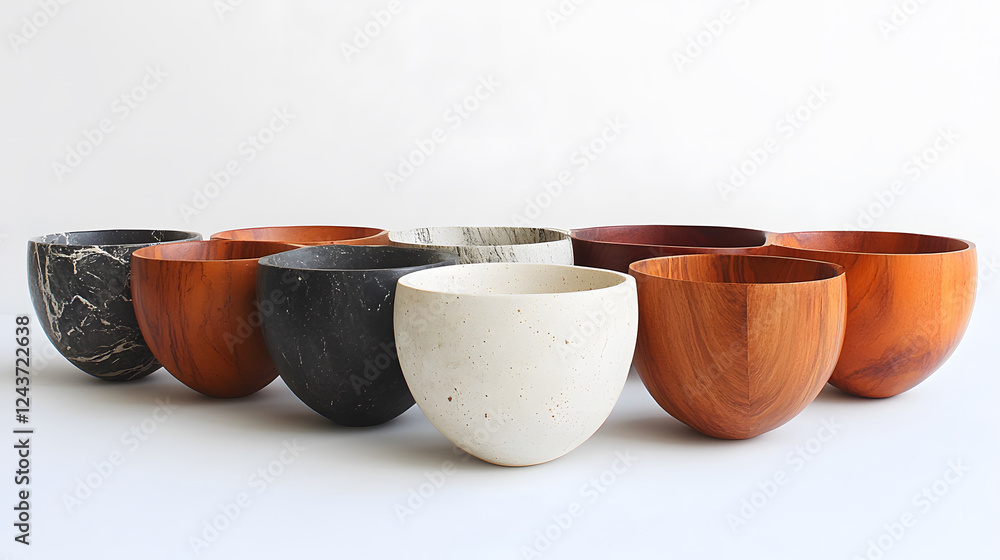 Aufkleber a collection of handcrafted bowls in various colors and textures arranged neatly against a light bac