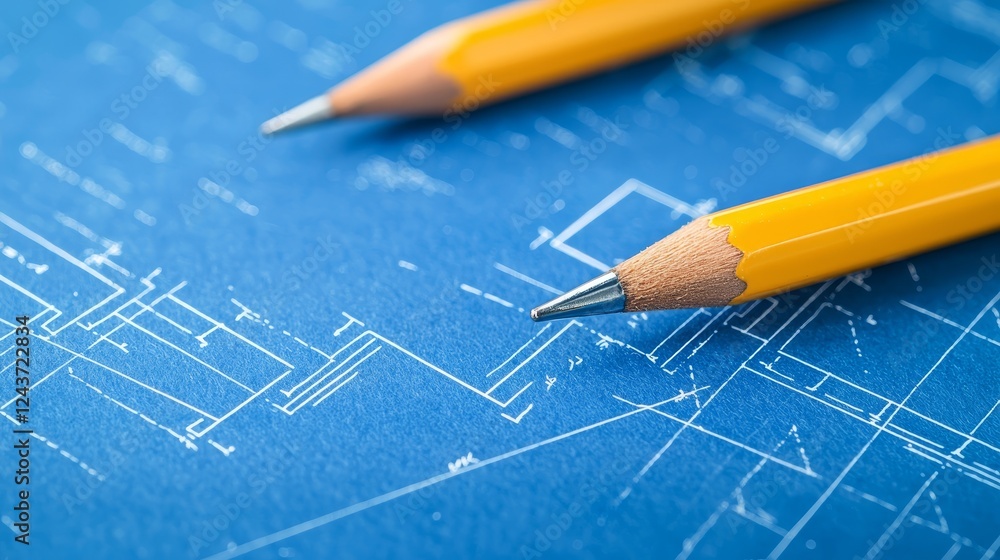 Poster precision drafting tools, pencil and protractor on a detailed blueprint for architectural design
