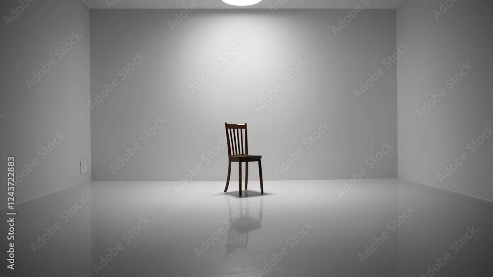 Poster slow motion sequence depicting an empty wooden chair in a minimalist white room, isolated on a white