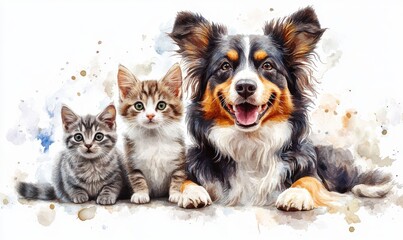 Fototapeta premium Adorable dog and two playful kittens sitting together against a colorful watercolor background showcasing friendship and companionship in pets
