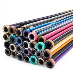 Colorful rolls of creative materials stacked together, white isolate background