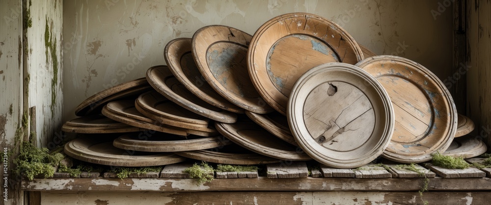 Poster stacked vintage wooden plates resting on a rustic shelf adorned with moss and weathered textures in 