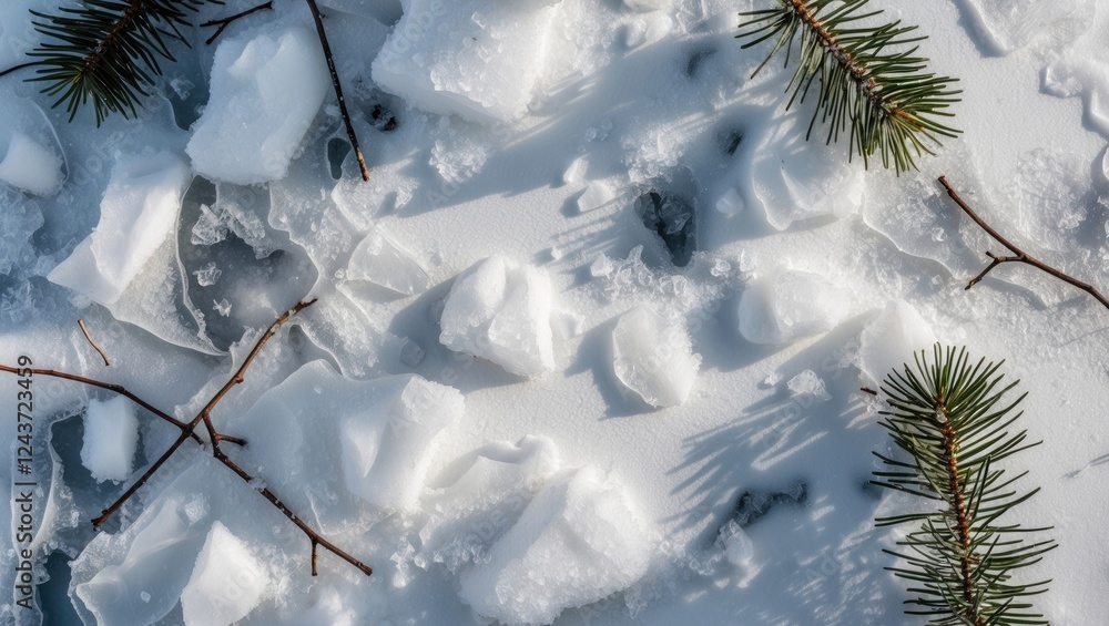 Poster texture of white snow with ice fragments and shadows of trees and pine twigs creating a serene winte