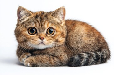Fototapeta premium Adorable Domestic Cat with Large Eyes and Soft Fur Relaxing on White Background, Perfect for Pet Lovers and Animal Enthusiasts