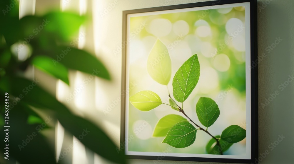 Poster a framed image of green leaves with soft light, enhancing a tranquil atmosphere.