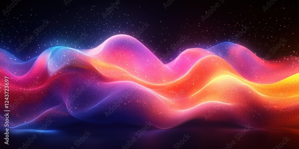 Poster dynamic flowing abstract wave lines pattern in vibrant blue green gradient light on black background
