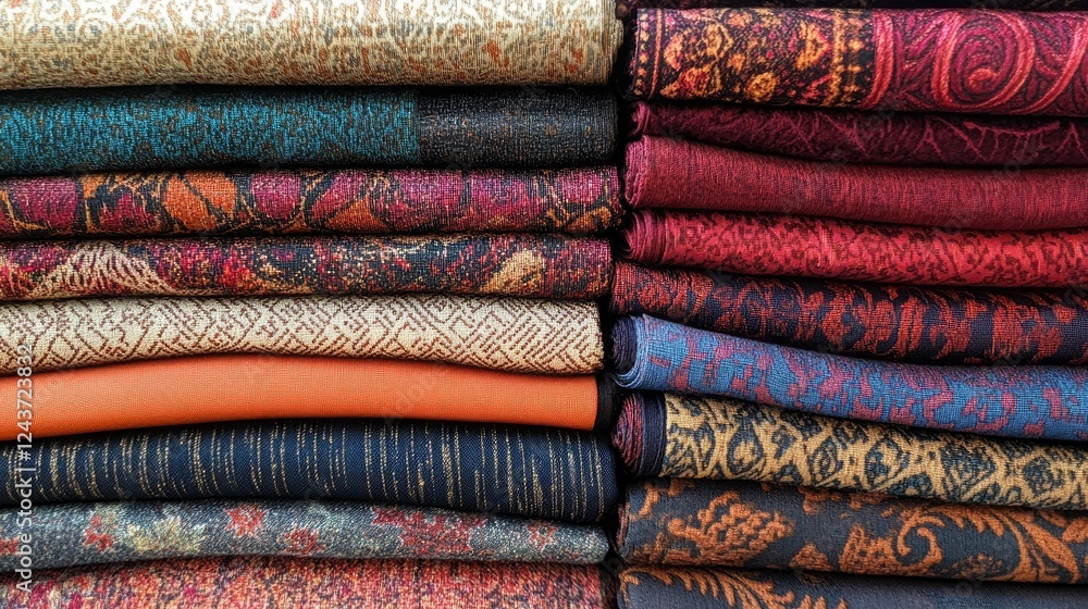 Aufkleber a neatly stacked set of fabric swatches showcasing diverse textures and intricate patterns