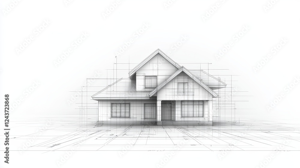 Poster 3d architectural model, house wireframe structure on white background design and construction concep