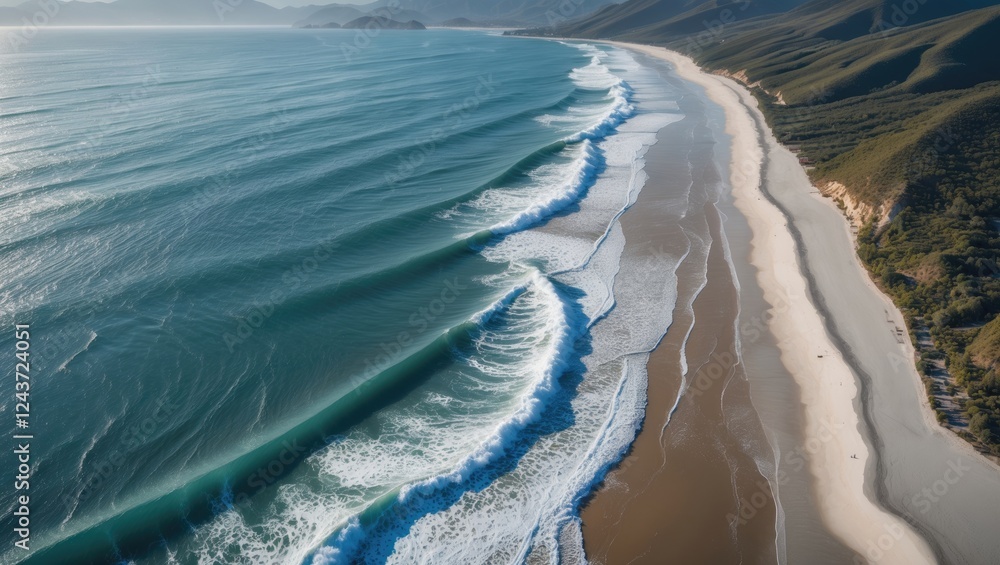 Poster aerial view of lush waves crashing on sandy beach with mountains in background and clear space for t