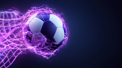 Fototapeta premium A glowing digital football colliding with a futuristic holographic net in a dynamic high speed motion The image depicts the power energy and velocity of the game of football in a visually striking