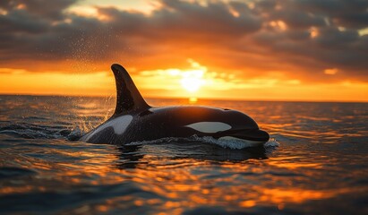 Fototapeta premium Orca Swimming in Ocean at Sunset in Norway Fjords with Scenic Winter Landscape