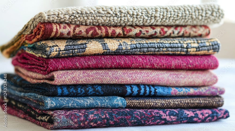 Poster a neatly stacked set of fabric swatches showcasing diverse textures and intricate patterns