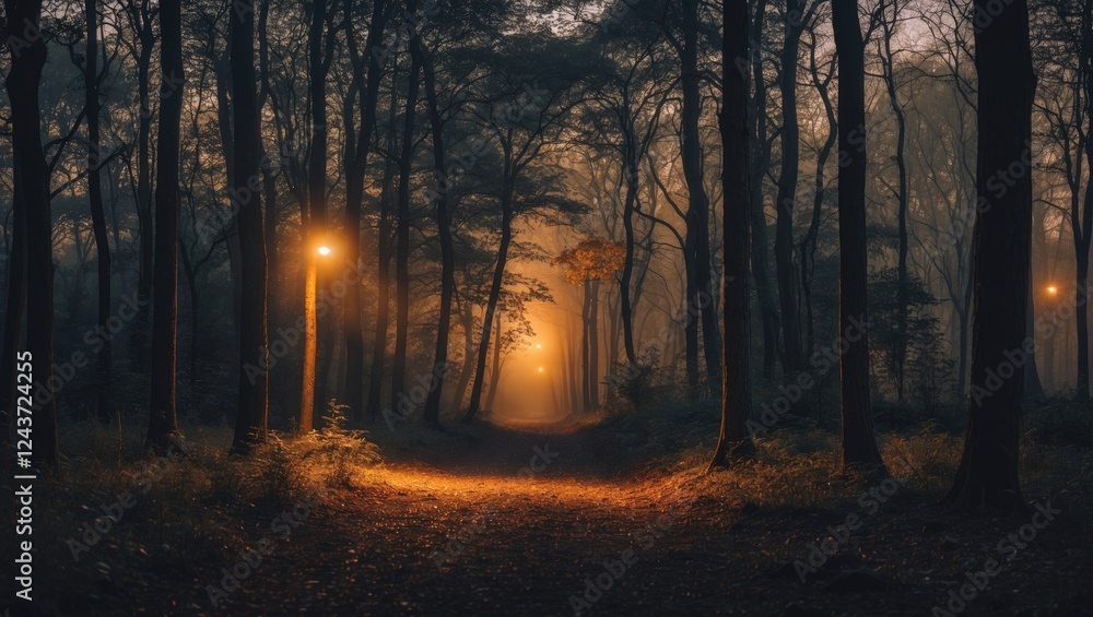 Poster mysterious forest pathway illuminated by streetlights creating a serene yet enchanting atmosphere in