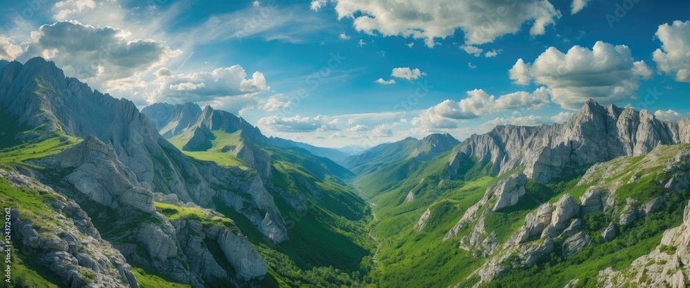 Poster aerial view of rugged mountains surrounded by lush greenery under partly cloudy sky with blank space