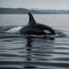 Naklejka premium A sleek orca whale emerging from the ocean surface, its black-and-white pattern standing out.