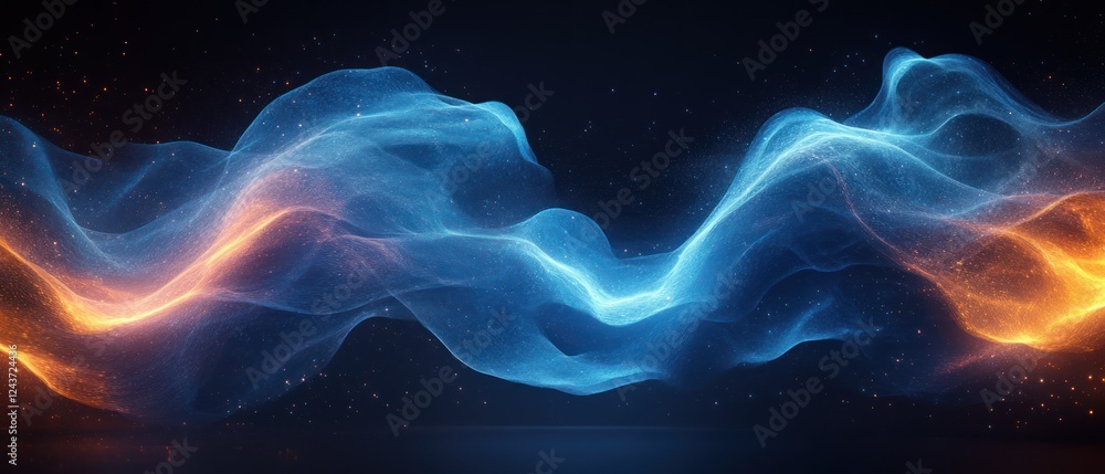 Aufkleber dynamic abstract wave lines in blue and green colors on black background for ai technology and digit