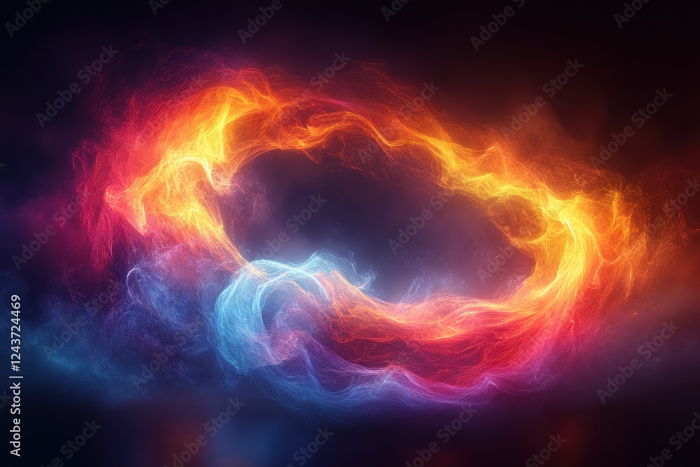 Poster colorful wave pattern circular shape modern digital art soft neon lights symmetrical design black ba