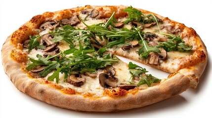 A gourmet truffle pizza with mushrooms and arugula on a crispy thin crust