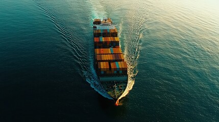 Cargo ship sailing on open ocean at sunrise