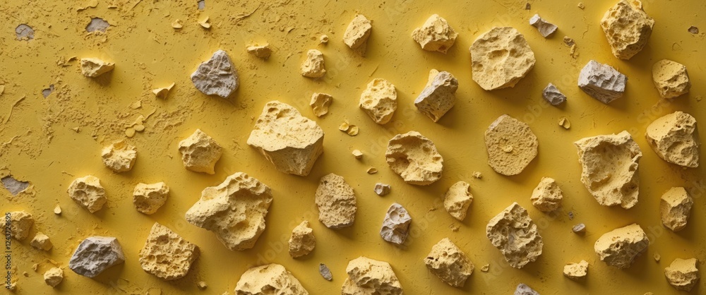 Poster textured yellow surface with rough stones creating a vibrant and dynamic visual for use in artistic 