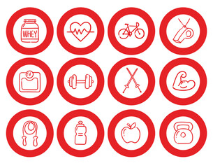 Red Icon Set with Fitness and Health Symbols for Active Lifestyle
