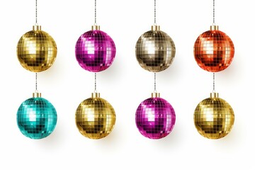 Obraz premium Shiny colorful disco balls hanging on chains, adding a touch of sparkle and glamour to the festive season