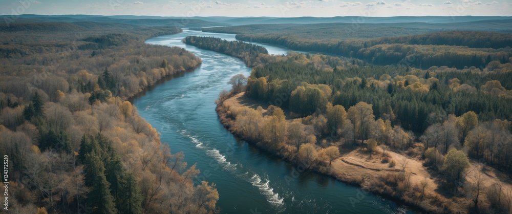 Poster aerial view of a serene river flowing through autumn forests with expansive copy space for text or d