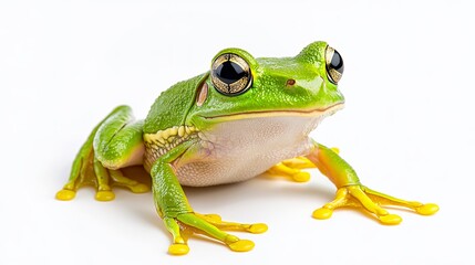 Naklejka premium Vibrant Green Frog with Yellow Toes Close Up, Detailed Macro Photography of Amphibian on White Background