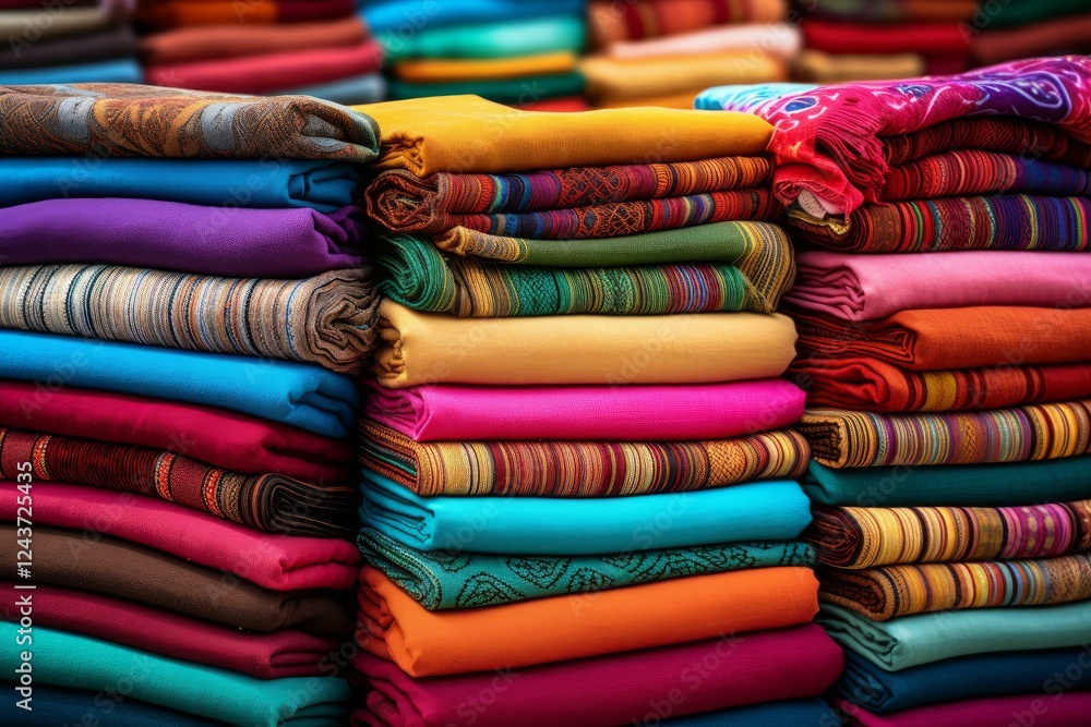 Poster stacked textiles showcasing vibrant colors and intricate patterns